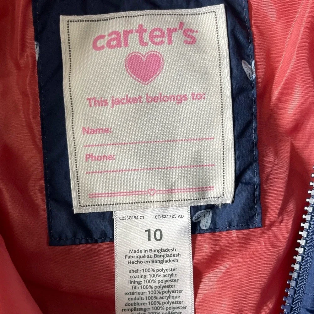 Carter's Puffer‎ Jacket Girls 10 Navy Blue Heart Print Hooded Quilted Coat